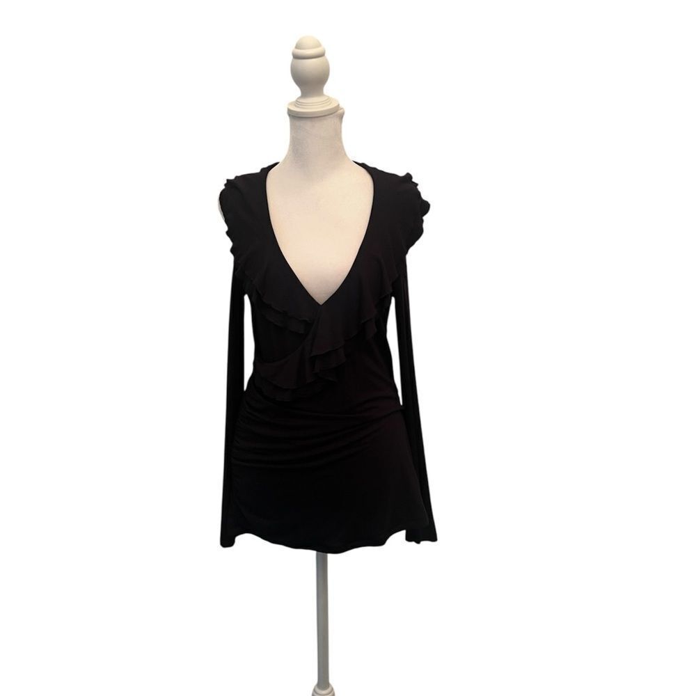 Boston Proper szM LS cold shoulder ruffles faux wrap front rouched knit top EUC